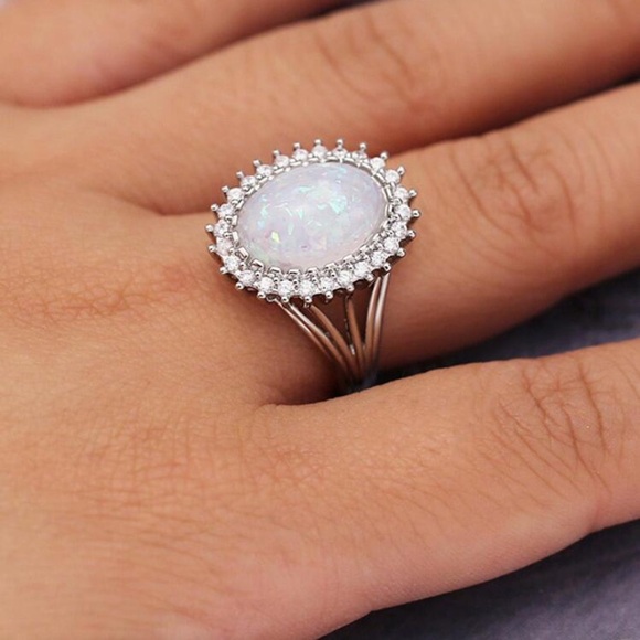 Jewelry - Stunning Oval Sunburst Simulated Opal and Diamond Halo Statement Ring